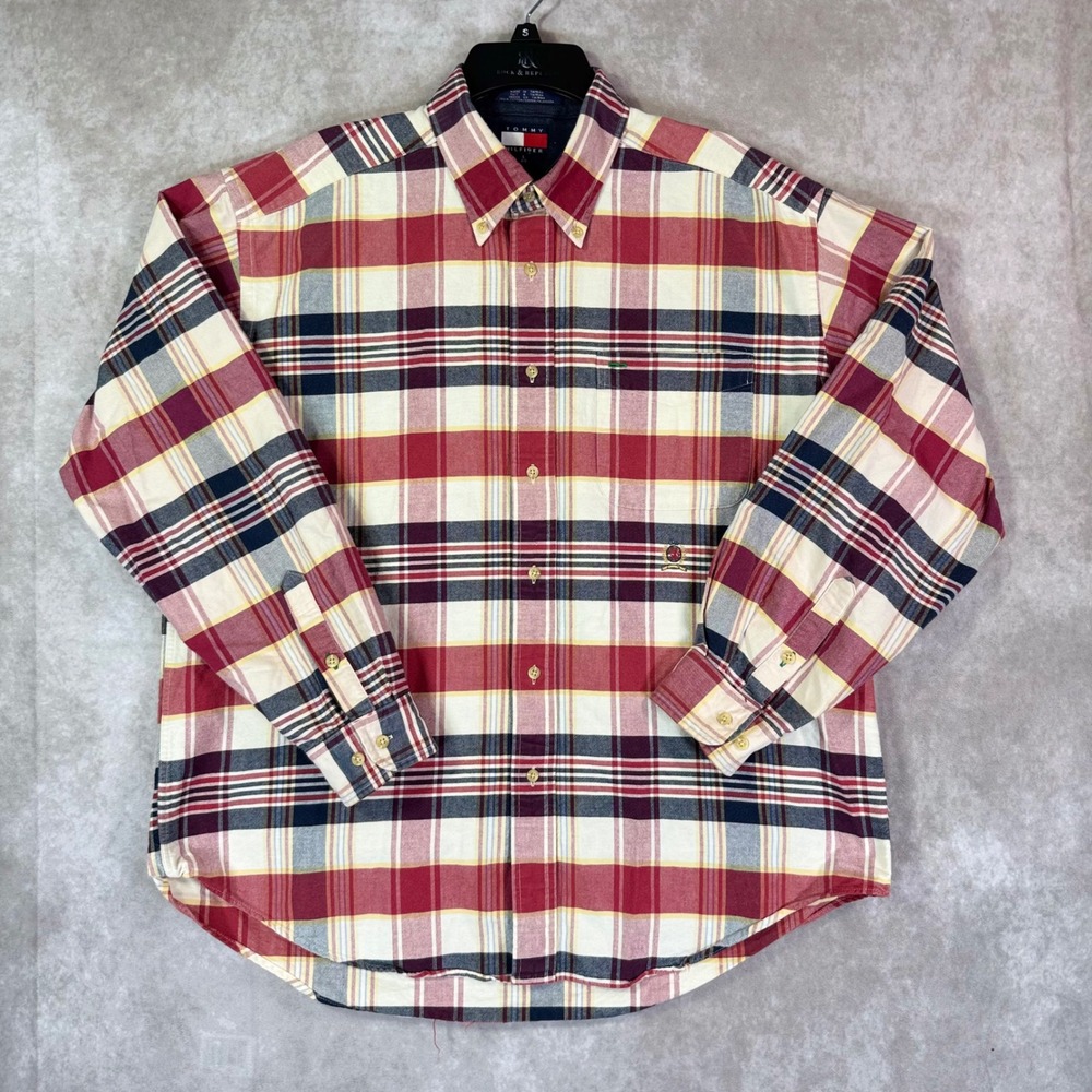 Vintage 90s Tommy Hilfiger Button Down Shirt Mens Large Red Plaid Crest Cotton